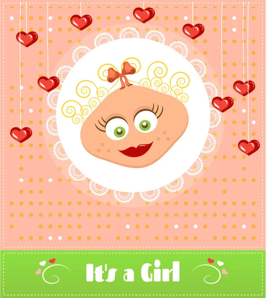 Romantic, baby shower card with text Its a girl, smiling, cute girl with blond, curly hair, hanging red hearts, retro design — Stock Vector