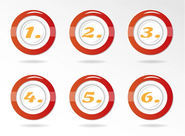 Set, collection of six, isolated, round, red, icons, buttons with orange numbers - one, two, three, four, five, six - 1,2,3,4,5,6 — Stock Vector