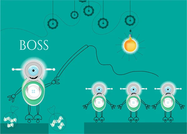 Modern, gümüş, robot bir büyük gülümseyen, göz - mavi patron holding kamçı, mavi arka plan asılı ampul ve cogwheels ile