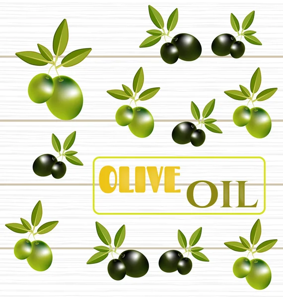 Vintage karta s zelené větvičky s olivami a listy, text olivový olej, dřevěné pozadí, retro — Stockový vektor