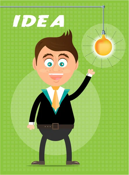 Smiling, happy, young, standing, businessman with light bulb, green background with pattern — Stock Vector