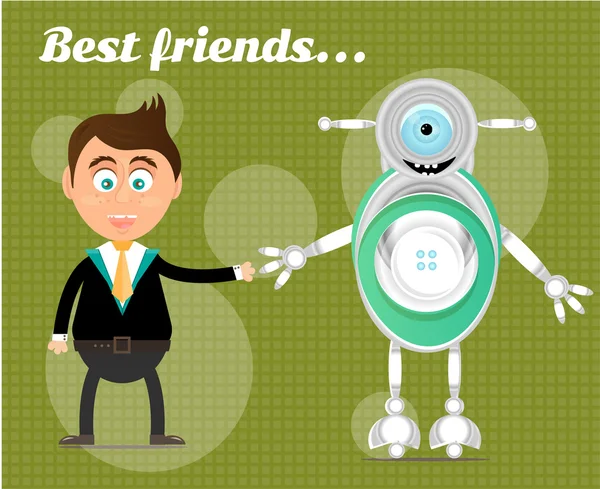 Χαμογελαστός, ευτυχισμένος, νέους, όρθια, επιχειρηματίας με σύγχρονα ρομπότ, κείμενο καλύτεροι φίλοι, πράσινο φόντο με σχέδιο — Διανυσματικό Αρχείο