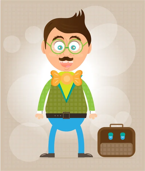 Bıyık, papyon ve evrak çantası, arka plan deseni ile gülümseyen, mutlu, genç, ayakta, işadamı