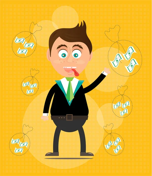 Smiling, happy, young, standing, businessman with money, yellow background with pattern — Stock Vector