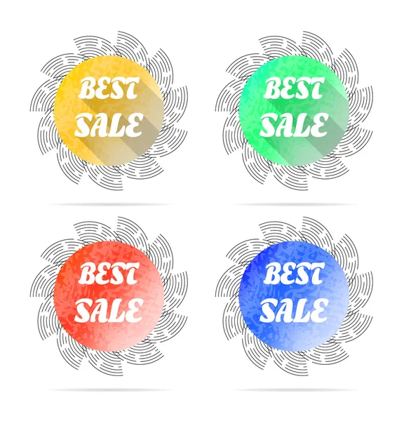 Set, collection, group of four round, isolated, flat, colorful - yellow, green, red, blue - buttons, icons, signs, labels, stickers with text Best Sale, long shadow — Stock Vector