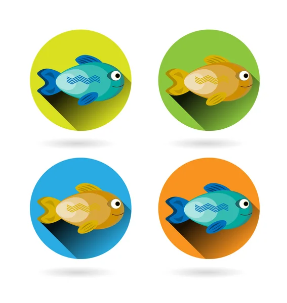 Conjunto, colección, grupo de cuatro, moderno, colorido, aislado, iconos redondos, etiquetas, signos con azul, sonriente, peces felices y peces amarillo dorado — Vector de stock