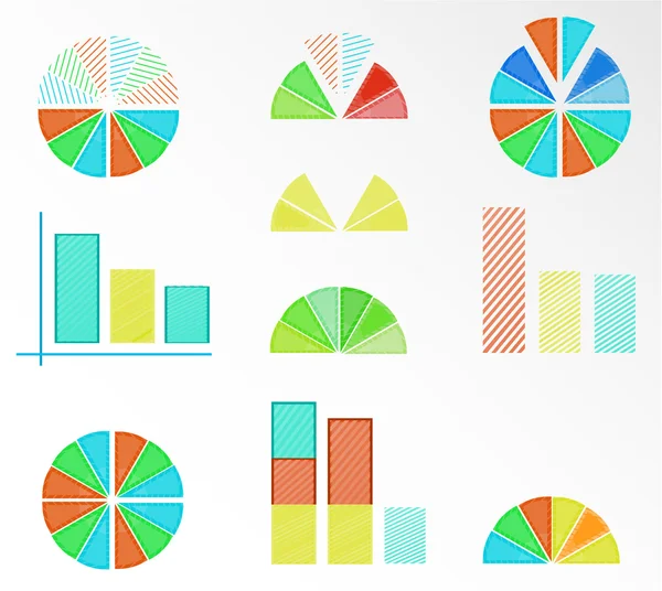 Set, collection of isolated, colorful - blue, yellow, red, orange, green - pie charts, diagrams, graphs for infographic, presentation, reports, documents, white background — Stock Vector