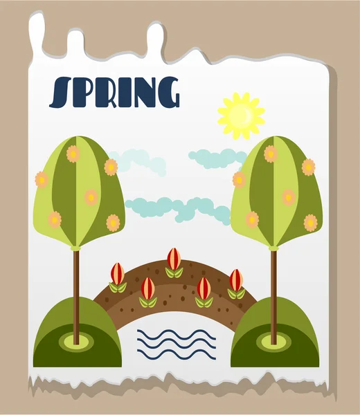 Vintage krajobraz z drzewami, kwiatami z zielonych liści, most, rzeka, słońce, chmury, tekst wiosna, projekt — Wektor stockowy