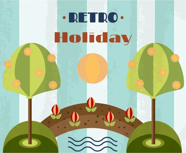 Винтажная открытка с пейзажем с деревьями, цветами с зелеными листьями, мостом, рекой, солнцем, облаками, текстом Retro Holiday, ретро дизайном — стоковый вектор