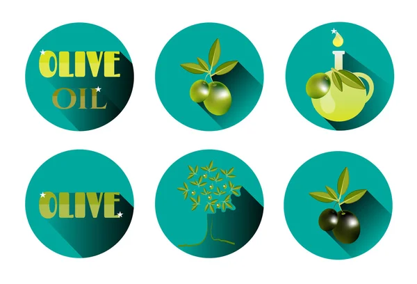 Набор, группа, коллекция из шести изолированных, круглых иконок, этикетки, наклейки с текстом Оливковое масло, зеленая веточка с оливками и листьями, оливковое дерево, графин, белый фон, длинная тень Стоковый вектор