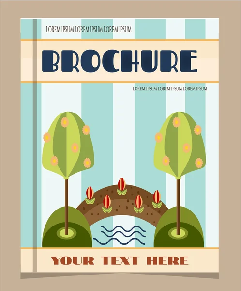 Vintage, vektör, broşür, rapor, el ilanı şablonu tasarım ağaçlar, çiçekler, köprü, nehir, model, metin, retro tasarımı ile