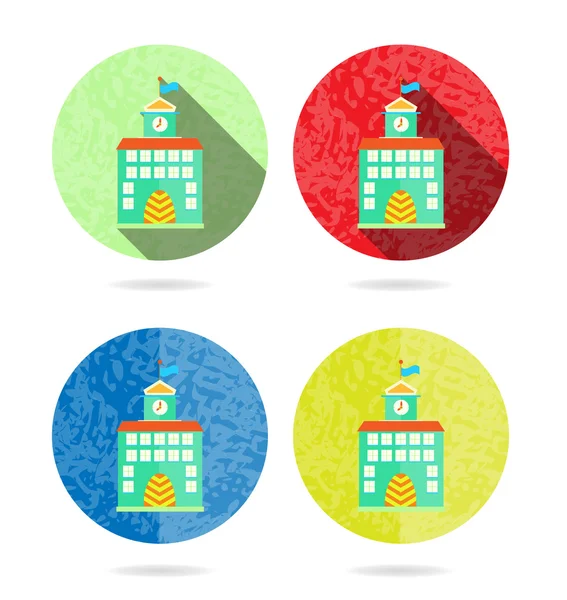 Ayarla, gölge toplama, dört renkli yuvarlak, izole, düz, düğmeler, simgeler, işaretler, Etiketler, okul binası, etiketlileri grup uzun