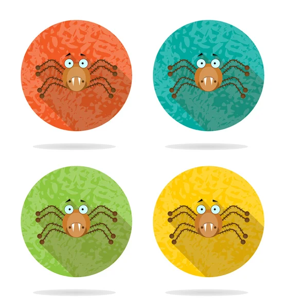 Conjunto, colección, grupo de cuatro halloween, redondo, aislado, plano, botones, iconos, signos, etiquetas, pegatinas con marrón, araña enojada, grunge, sombra larga — Vector de stock