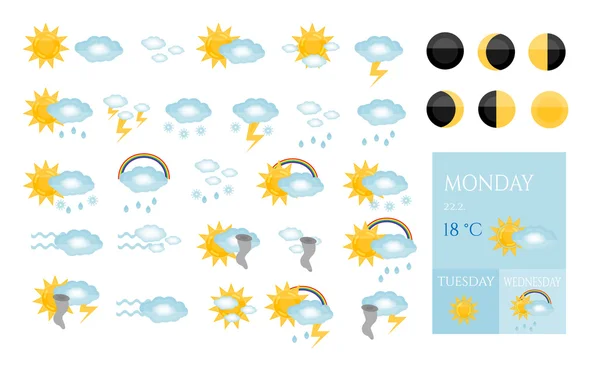 Conjunto, coleção, grupo, pacote de ícones modernos, isolados, meteorológicos - sol, nuvem, chuva, nevar, tornado, arco-íris, lua Vetor De Stock