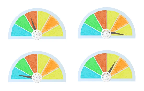 Instellen, verzameling van geïsoleerde, kleurrijke - blauw, geel, rood, oranje, groen - pie grafieken, diagrammen, grafieken voor infographic, presentatie, rapporten en documenten of snelheidsmeter, algemene meten, sjabloon voor Rechtenvrije Stockillustraties