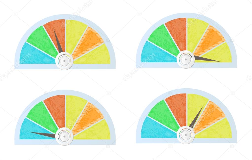 Set, collection of isolated, colorful - blue, yellow, red, orange, green - pie charts, diagrams, graphs for infographic, presentation, reports, documents OR speedometer, general gauge, template for