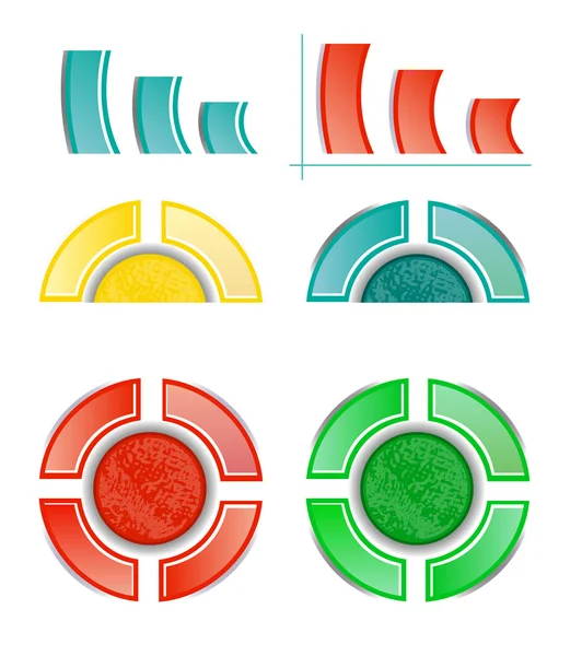 Set, collection of six isolated, modern, colorful - blue, yellow, red, green - pie charts, diagrams, use for infographic, presentation, reports, documents, white background — Stock Vector
