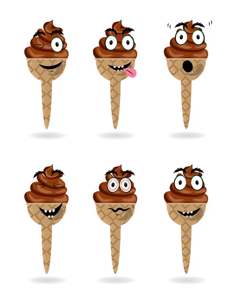 Divertente, set di cartoni animati, raccolta, gruppo di isolati, gelati al cioccolato con personaggio, viso sorridente, tristezza, pianto, sorpresa, rabbia, gioia, disgusto, malizia, risentimento .. — Vettoriale Stock