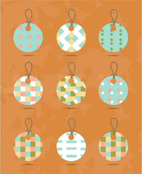 Set, group, collection of nine, round, isolated hanging tags, stickers with simple, romantic, seamless pattern, retro design, orange background - grunge — Stock Vector