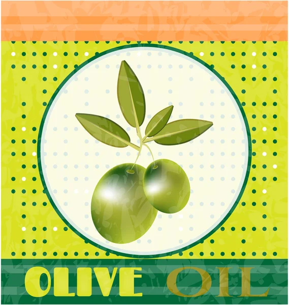Vintage karta s zelená větvička s olivami a listy, text olivový olej, tečkované pozadí, retro design, grunge — Stockový vektor