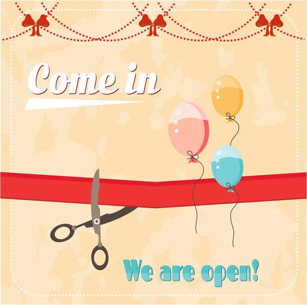 Ses kartı - makas kesim kırmızı kurdele, metin reklam Vintage, cevap verin, biz açık, kırmızı yay, uçan Balonlar, retro tasarımı, grunge