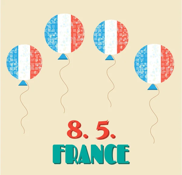 Simple, vintage card with flying balloons - french flag, celebrate 8 May - 8.5. - victory day in France - Fete de la Victoire, retro design — Stock Vector