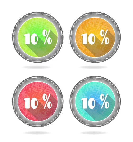 Set, collection, group of four, round, isolated, flat, colorful buttons, icons, signs, labels, stickers, 10 - ten percent discount, sale, long shadow, grunge, retro design — Stock Vector