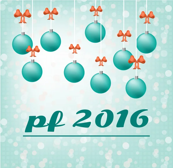 Asma, Noel ampuller kırmızı yay ile mavi kart - Happy New Year -, metin Pf 2016 - Pour Feliciter, ışıklar ile mavi arka plan