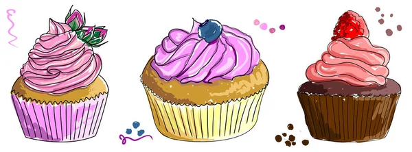 Un conjunto de imágenes de diferentes cupcakes con crema de mantequilla y bayas en la parte superior. Dibujo dibujado a mano de pasteles pintados como con marcadores o acuarelas — Vector de stock