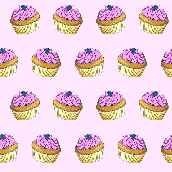 Padrão sem emenda vetorial de um cupcake com creme de manteiga e mirtilos em cima. Um esboço de um bolo pintado como se com marcadores ou aquarelas. Ilustração desenhada à mão. —  Vetores de Stock