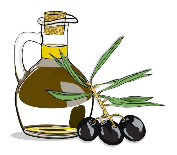 Vector image of an olive tree sprig and a bottle of olive oil. Black olives on a branch with leaves. Glass jug of olive oil with cork. Background on the theme of cooking for kitchen decoration — Stock Vector