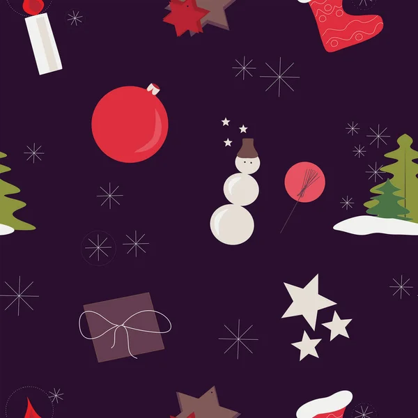 Vektor sömlöst mönster på nyårstemat. Jul- och nyårsfestligheter. Snögubbe, ljus, snöflingor, julgranar, gåva, stjärnor, stövlar av jultomten på en mörk lila bakgrund — Stock vektor