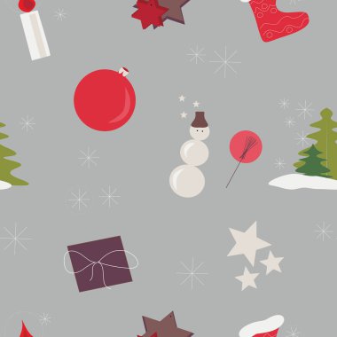 Yeni yıl temasında kusursuz desen. Noel ve Yeni Yıl kutlamaları. Kardan adam, mum, kar taneleri, Noel ağaçları, hediye, yıldızlar, gri arka planda Noel Baba çizmeleri..