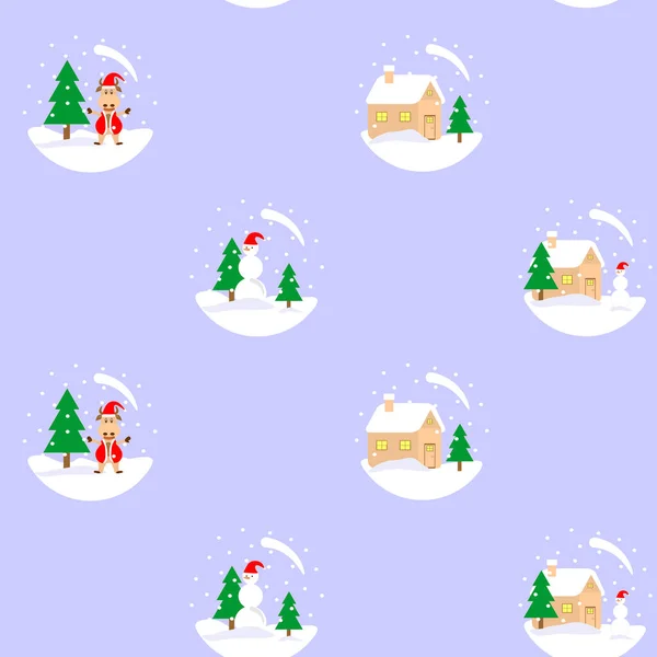 Padrão sem costura sobre o tema da nova goa e inverno. Ilustração de globos de neve com um símbolo do novo 2021 por um touro, um boneco de neve, uma casa e uma árvore de Natal. Delicado fundo de Natal — Fotografia de Stock