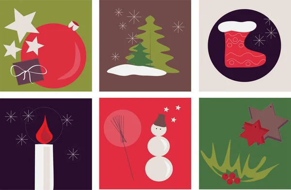 Ilustraciones de diferentes símbolos del nuevo año, Navidad e invierno. Conjunto de 6 carteles con imágenes simples de estrellas, muñeco de nieve, regalo, vela, calcetines, abetos, copos de nieve — Foto de Stock