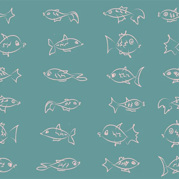 A set of images of different types of fish on a background of colored stripes. Hand-drawn pattern on the theme of fishing. Cartoon sketches of aquarium fish that swim in different directions — Stock Photo, Image