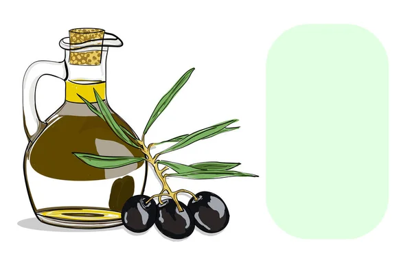 Imagem de um ramo de oliveira e uma garrafa de azeite. Azeitonas pretas em um ramo com folhas. jarro de vidro de azeite com cortiça. Fundo sobre o tema da cozinha para decoração de cozinha. Papel de parede para — Fotografia de Stock