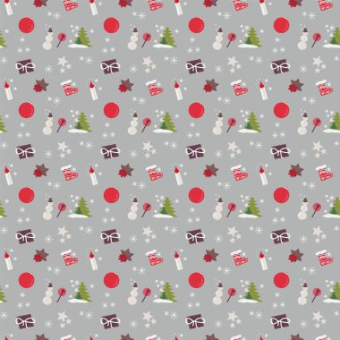 Yeni yıl temasında kusursuz desen. Noel ve Yeni Yıl kutlamaları. Kardan adam, mum, kar taneleri, Noel ağaçları, hediye, yıldızlar, gri arka planda Noel Baba çizmeleri..