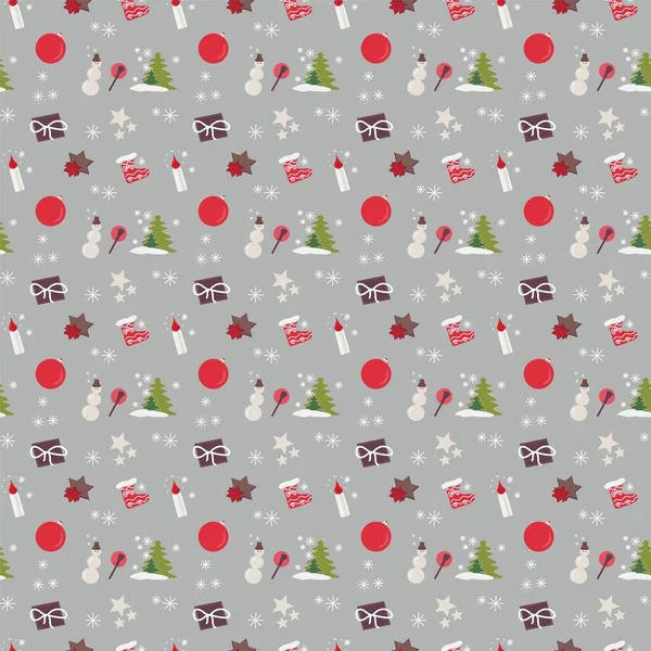 Sömlöst mönster på nyårstemat. Jul- och nyårsfestligheter. Snögubbe, ljus, snöflingor, julgranar, gåva, stjärnor, stövlar av jultomten på en grå bakgrund. — Stockfoto