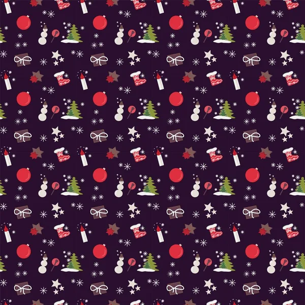 Seamless pattern on the New Year theme. Christmas and New Years celebration elements. Snowman, candle, snowflakes, Christmas trees, gift, stars, boots of Santa Claus on a dark purple background. — Stock Photo, Image