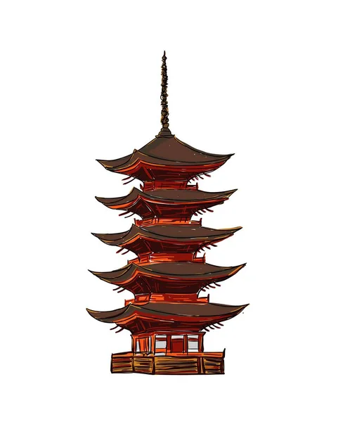 Imagen vectorial de una pagoda. Bosquejo arquitectónico del edificio oriental. Edificio brillante pintado a mano — Vector de stock