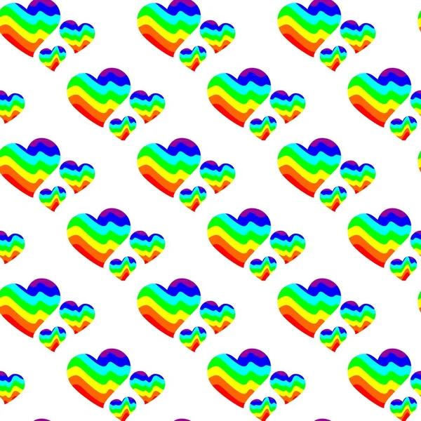 Modello vettoriale senza soluzione di continuità di tre cuori diversi. Immagine astratta raffigurante montagne o onde marine nei colori dell'arcobaleno. Sfondo multicolore. — Vettoriale Stock