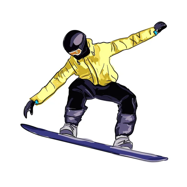 Immagine vettoriale dello snowboarder. Uno schizzo veloce di un atleta che va a fare snowboard in inverno in montagna.Disegno multicolore di uno snowboarder su una tavola in volo — Vettoriale Stock