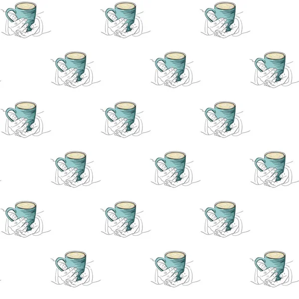 Vector seamless pattern of a cup in hands. Warm winter illustration depicting a mug of hot tea, cocoa or coffee warming hands during the cold season. Food sketch