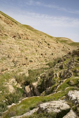 İsrail 'in Yahudiye Çölü' nün kıyısındaki Prat deresinin panoramik manzarası..
