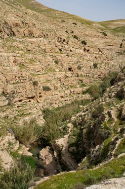 İsrail 'in Yahudiye Çölü' nün kıyısındaki Prat deresinin panoramik manzarası..