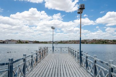 Brezilya 'nın iç kesimlerindeki Morada Nova şehrindeki şehir gölü güneşli bir günde su kuşlarıyla doludur.