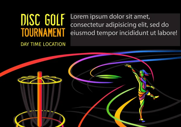 Plantilla de banner deportivo Frolf o de golf de disco. Mujer lanzando frisbee en una cesta sobre fondo negro — Archivo Imágenes Vectoriales