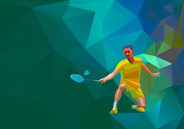 Polygonal professional badminton player on colorful low poly background with space for flyer, poster, web, leaflet, magazine. Vector illustration