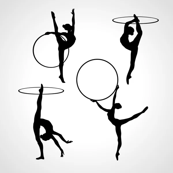 Gymnastiek meisjes met hoepels silhouetten collectie. Kunst Turnen vector set — Stockvector